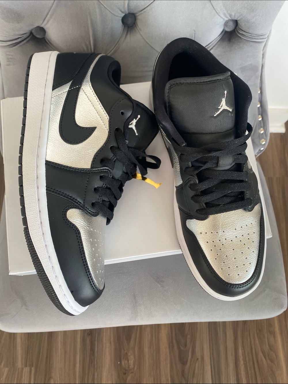 NWT Women’s Jordan 1 Low SE Black and Metallic Silver Low Top Sneakers - Picture 3 of 17
